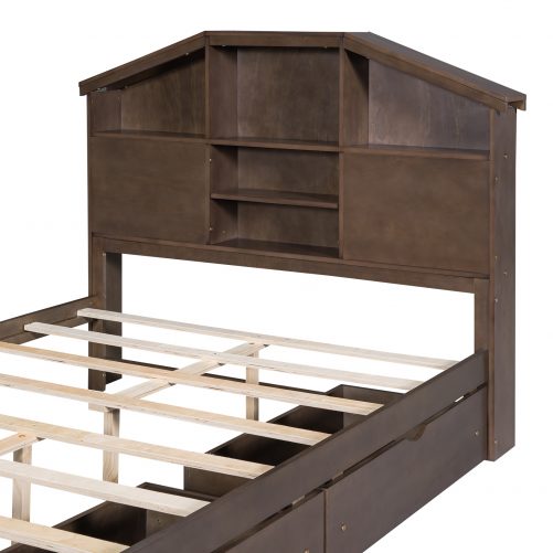 Full Size Wood Platform Bed With House-shaped Storage Headboard And 2 Drawers