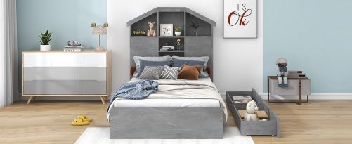 Twin Size Wood Platform Bed with House-shaped Storage Headboard and 2 Drawers
