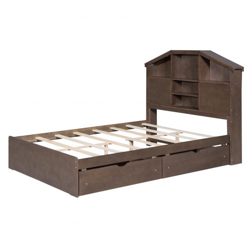 Full Size Wood Platform Bed With House-shaped Storage Headboard And 2 Drawers