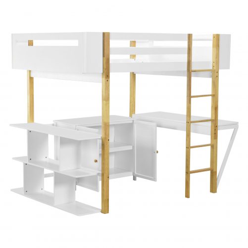 Full Size Wood Loft Bed With Built-in Storage Cabinet And Cubes, Foldable Desk