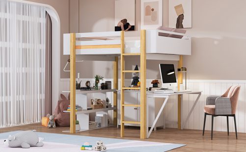 Twin Size Wood Loft Bed With Built-in Storage Cabinet and Cubes, Foldable Desk