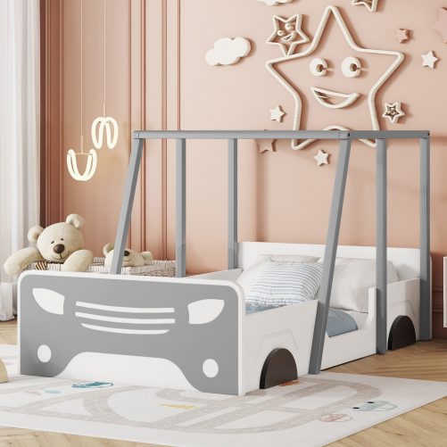 Wooden Twin Size Car-shaped Bed With Roof