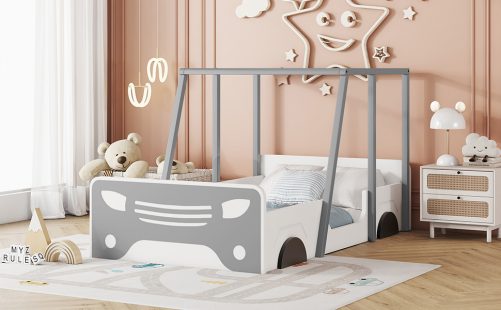 Wooden Twin Size Car-shaped Bed With Roof