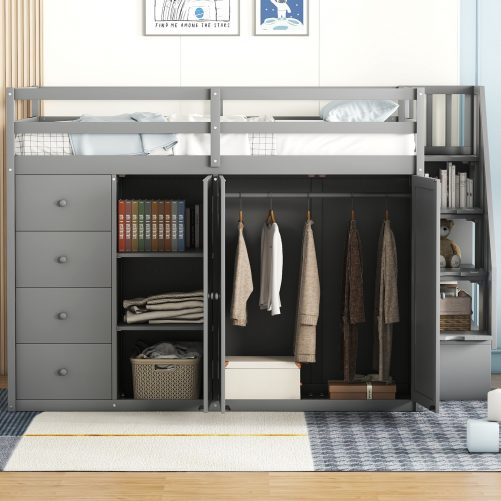 Full Size Wood Loft Bed With Built-in Wardrobes, Cabinets and Drawers