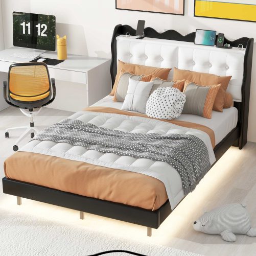 Full Size Upholstery Platform Bed Frame with LED Light Strips and Built-in Storage Space