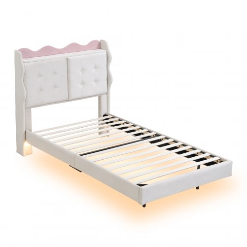 Twin Size Upholstery Platform Bed Frame with LED Light Strips and Built-in Storage Space