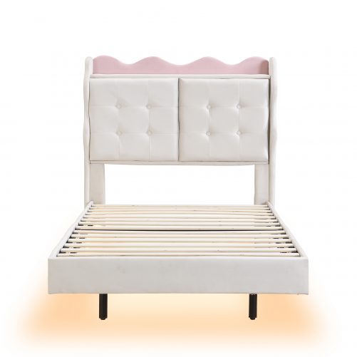 Twin Size Upholstery Platform Bed Frame with LED Light Strips and Built-in Storage Space