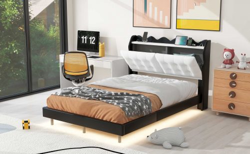 Full Size Upholstery Platform Bed Frame with LED Light Strips and Built-in Storage Space