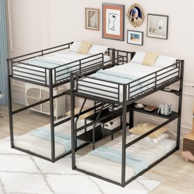Double Twin over Twin Metal Bunk Bed with Desk, Shelves and Storage Staircase