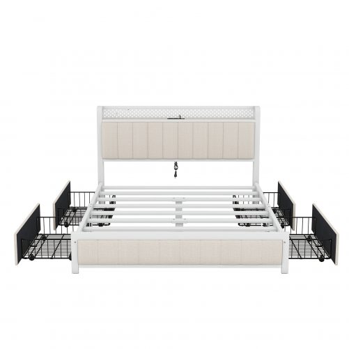 Queen Size Bed Frame With LED Headboard,  4 Storage Drawers And USB Ports