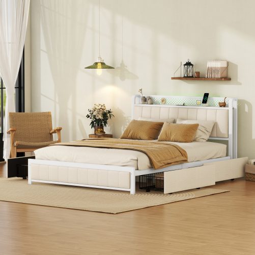 Queen Bed Frame With LED Headboard, 4 Storage Drawers And USB Ports