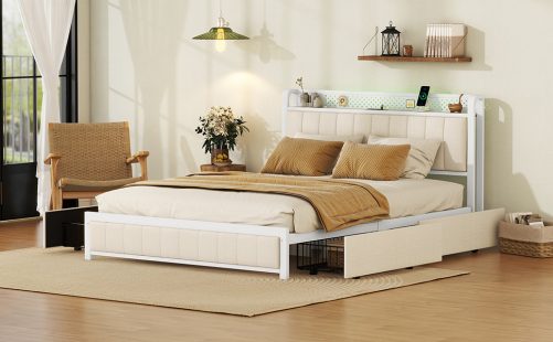 Queen Bed Frame With LED Headboard, 4 Storage Drawers And USB Ports