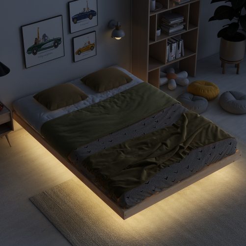 Modern Full Size Low Profile Platform Bed With LED Lights Underneath