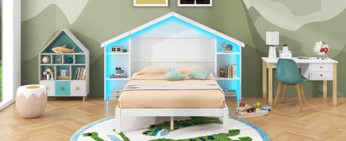 Wood Full Size Platform Bed With House-shaped Storage Headboard And Built-in LED