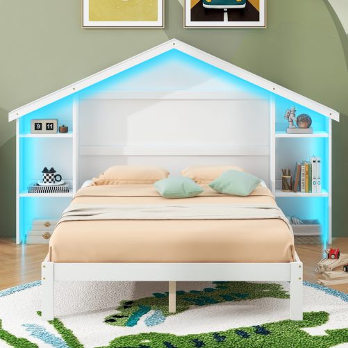 Wood Full Size Platform Bed With House-shaped Storage Headboard And Built-in LED
