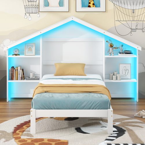 Wood Twin Size Platform Bed with House-shaped Storage Headboard and Built-in LED