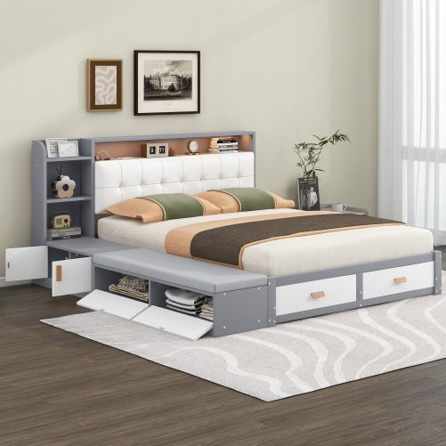 Queen Size Low Profile Platform Bed Frame with Upholstery Headboard and Storage Shelves and Drawers,USB Charging Design
