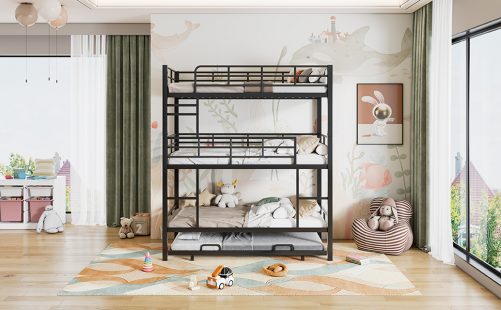 Metal Twin Size Triple Bunk Bed With Trundle