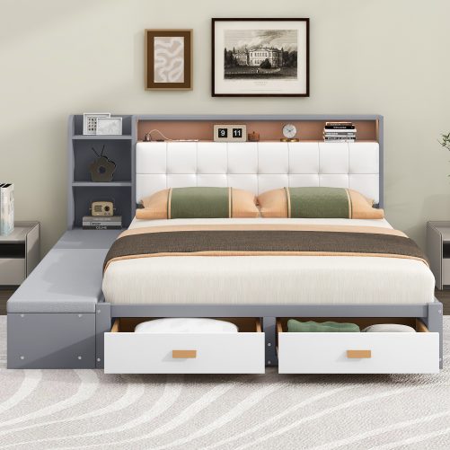 Queen Size Low Profile Platform Bed Frame with Upholstery Headboard and Storage Shelves and Drawers,USB Charging Design