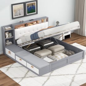 Queen Size Platform Bed Frame with Upholstery Headboard and Storage Shelves and,USB Charging