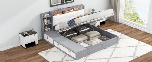 Queen Size Platform Bed Frame with Upholstery Headboard and Storage Shelves and,USB Charging