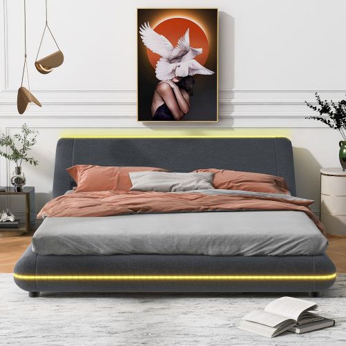 Full Size Upholstery Platform Bed Frame With Sloped Headboard