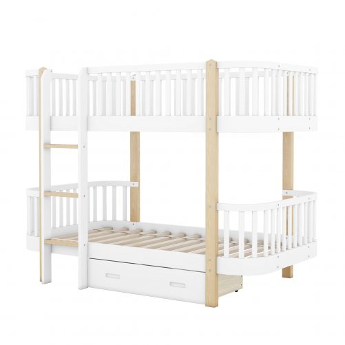Wood Twin over Twin Bunk Bed with Fence Guardrail and a Big Drawer