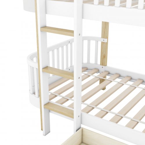 Wood Twin over Twin Bunk Bed with Fence Guardrail and a Big Drawer