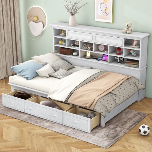 Twin Size Wood Daybed with Multi-Storage Shelves, Charging Station and 3 Drawers