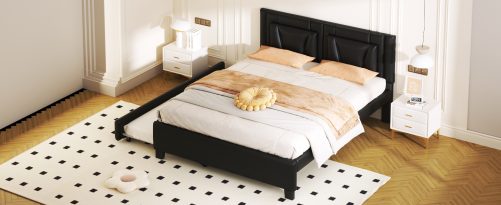 Queen Size Upholstered Platform Bed with Headboard and Twin Size Trundle