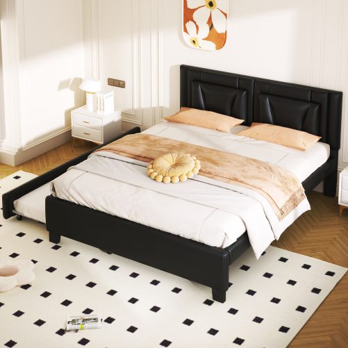 Queen Size Upholstered Platform Bed with Headboard and Twin Size Trundle
