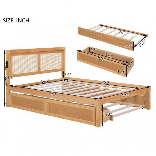 Full Size Elegant Bed Frame with Rattan Headboard and Sockets