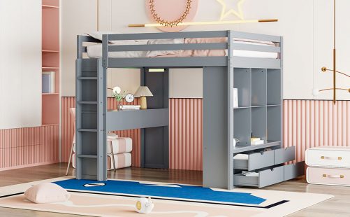 Full Size Loft Bed With Large Shelves, Writing Desk And LED Light