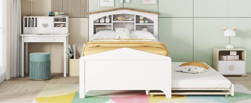 Twin Size Wood Platform Bed with House-shaped Storage Headboard and Trundle