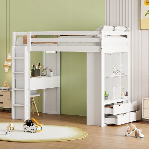 Twin Size Loft Bed With Large Shelves, Writing Desk And LED Light