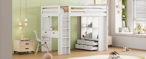 Twin Size Loft Bed With Large Shelves, Writing Desk And LED Light