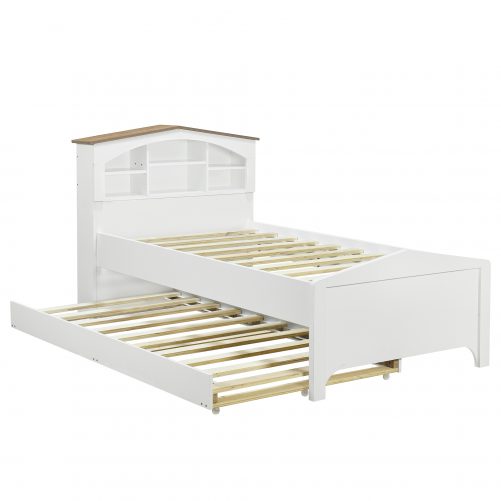 Twin Size Wood Platform Bed with House-shaped Storage Headboard and Trundle