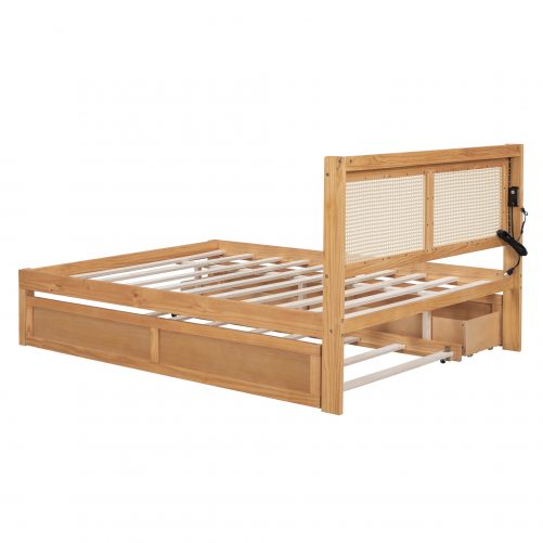 Full Size Elegant Bed Frame with Rattan Headboard and Sockets