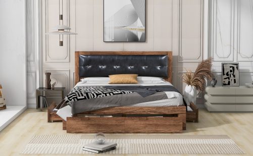 Queen Size Wood Platform Bed with Upholstered Headboard and 4 Drawers