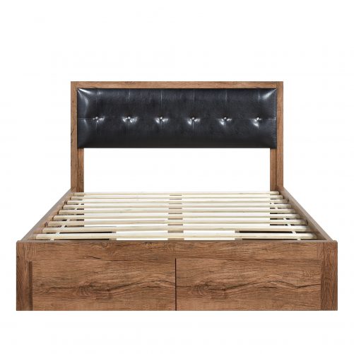 Queen Size Wood Platform Bed with Upholstered Headboard and 4 Drawers