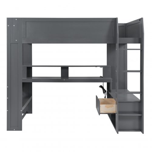 Wood Full Size Gaming Loft Bed with Desk, Multi-storage Shelves, LED and Charging Station