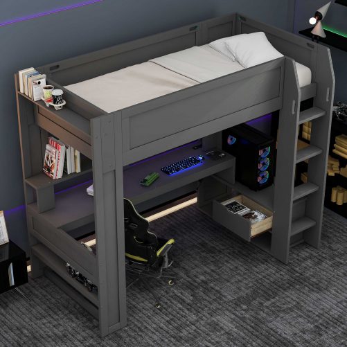 Wood Twin Size Gaming Loft Bed with Desk, Multi-storage Shelves, LED and Charging Station