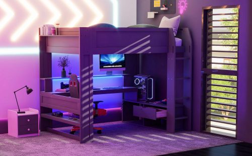 Wood Full Size Gaming Loft Bed with Desk, Multi-storage Shelves, LED and Charging Station