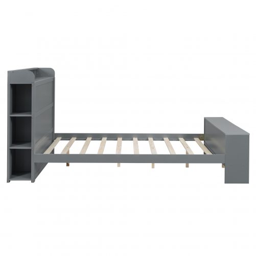 Full Size Platform Bed with Built-in shelves, LED Light and USB ports