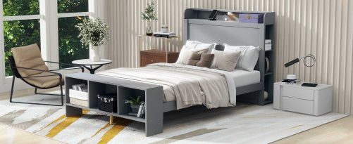 Full Size Platform Bed with Built-in shelves, LED Light and USB ports