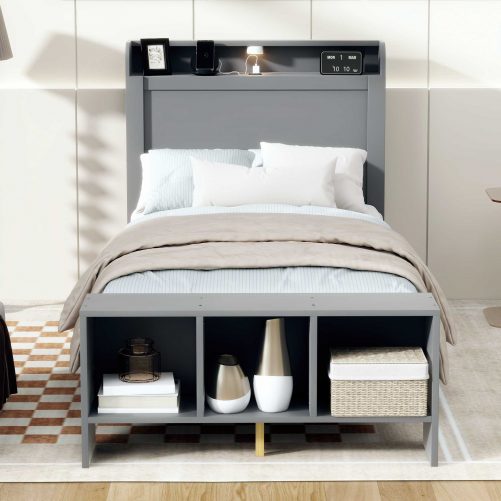 Twin Size Platform Bed with built-in shelves, LED Light and USB ports