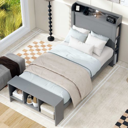 Twin Size Platform Bed with built-in shelves, LED Light and USB ports