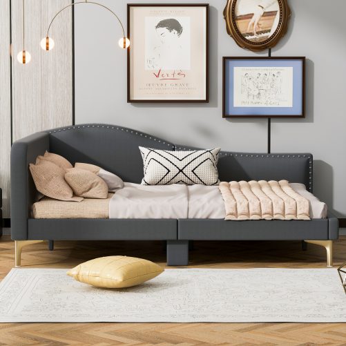 Full Size Upholstered Daybed With Headboard And Armrest, Support Legs