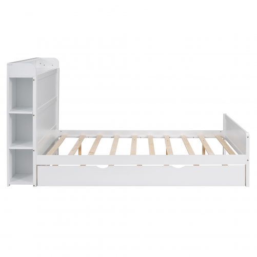 Full Size Platform Bed with Storage Headboard and Twin Size Trundle