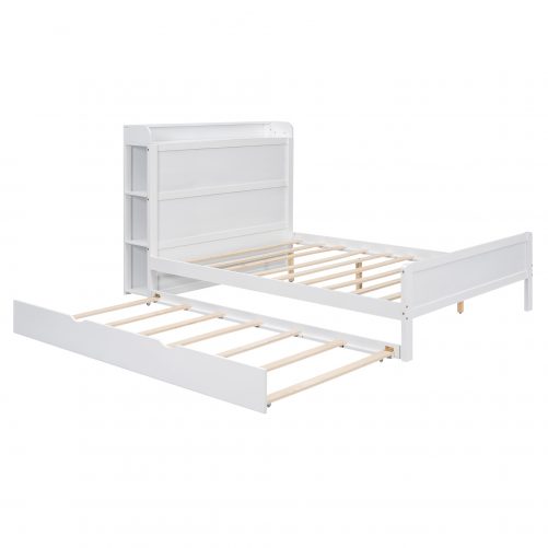 Full Size Platform Bed with Storage Headboard and Twin Size Trundle